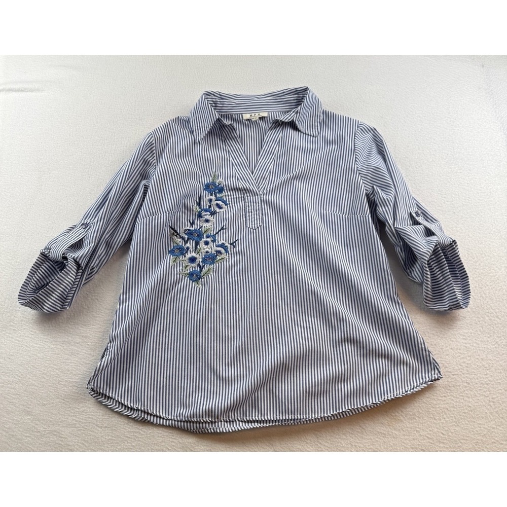 MPH Collection Blue Striped Embroidered Floral Shirt Women's Size PL